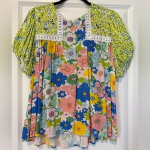 Entro Vibrant Floral Blouse with Lace Detail